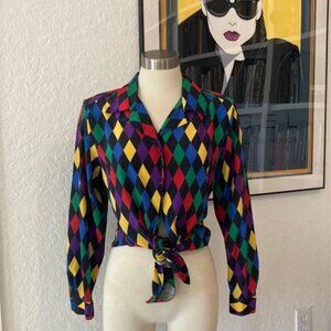 Vintage 80s 90s Colorful Harlequin Pattern Women's Top